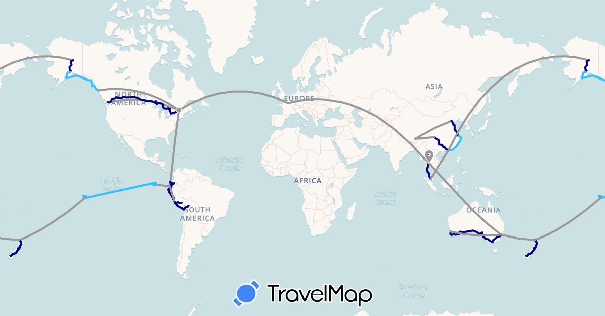 TravelMap itinerary: driving, plane, boat in Australia, Bolivia, Canada, China, Ecuador, France, Malaysia, New Zealand, Peru, Thailand, United States (Asia, Europe, North America, Oceania, South America)