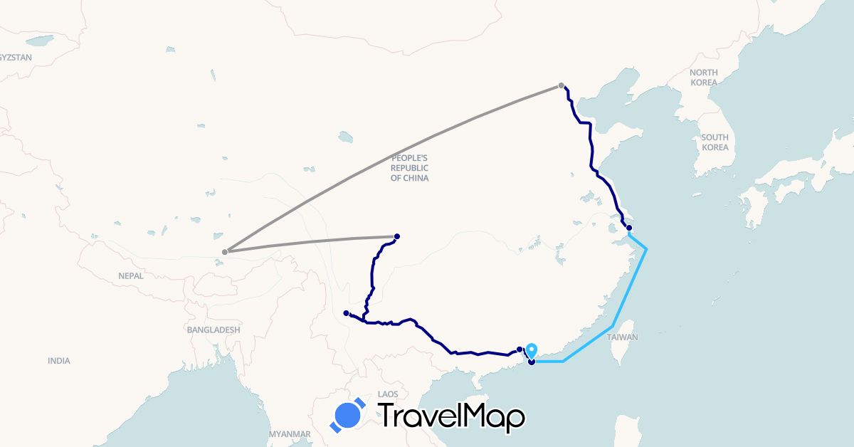 TravelMap itinerary: driving, plane, boat in China (Asia)